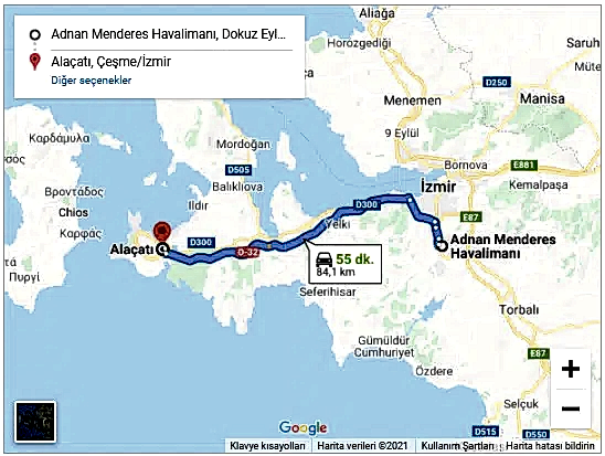 İzmir Havalimanı Alaçatı arası 84km