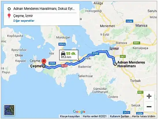 İzmir Havalimanı Çeşme Arası 86,5km