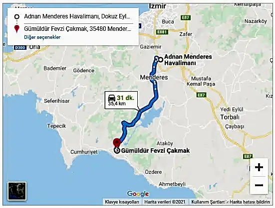 İzmir Havalimanı Gümüldür Arası 35,4km