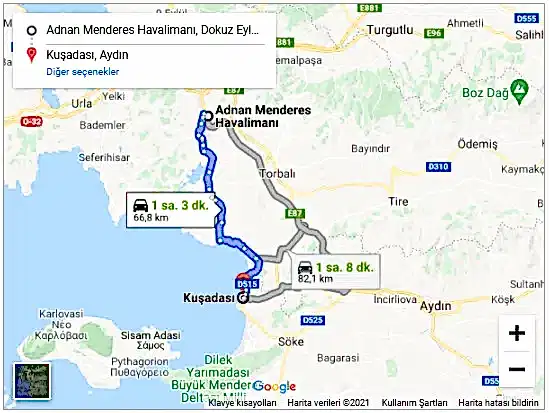 İzmir Havalimanı Kuşadası arası 67km