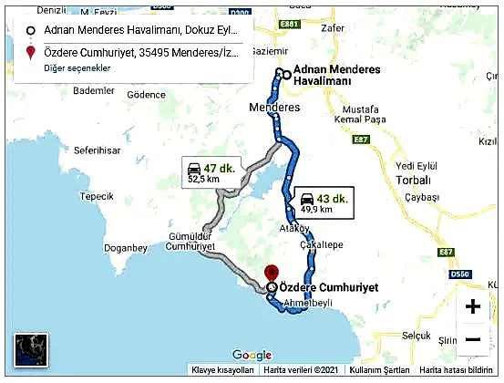 İzmir Havalimanı Özdere Arası 50km