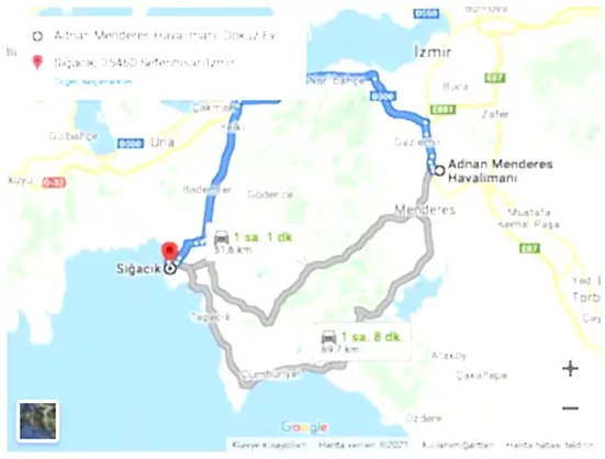 İzmir Havalimanı Sığacık Arası 51,6km